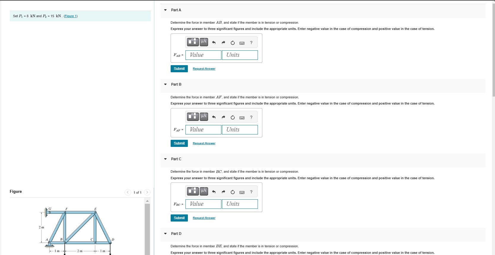Set \ ( P _ { 1 } = 8 \ mathrm { kN } \ ) and \ (
