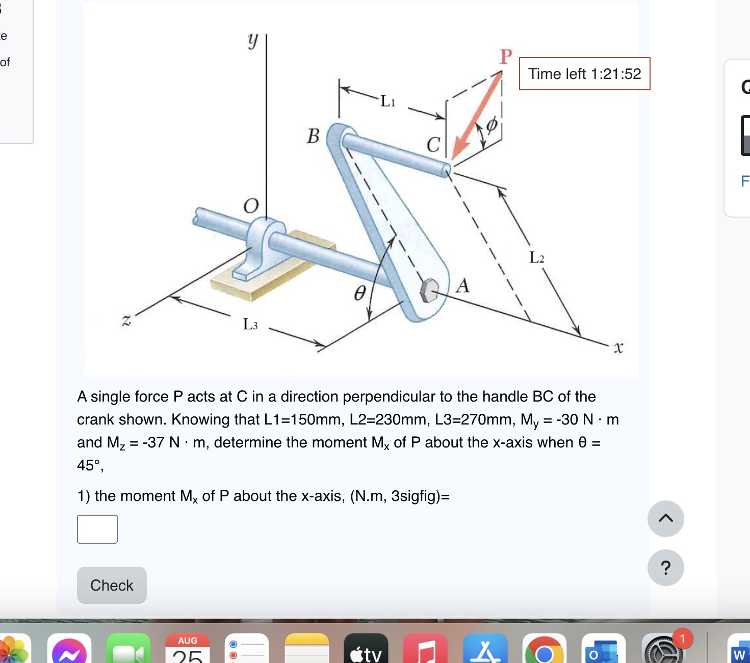 A single force P acts at C in a direction