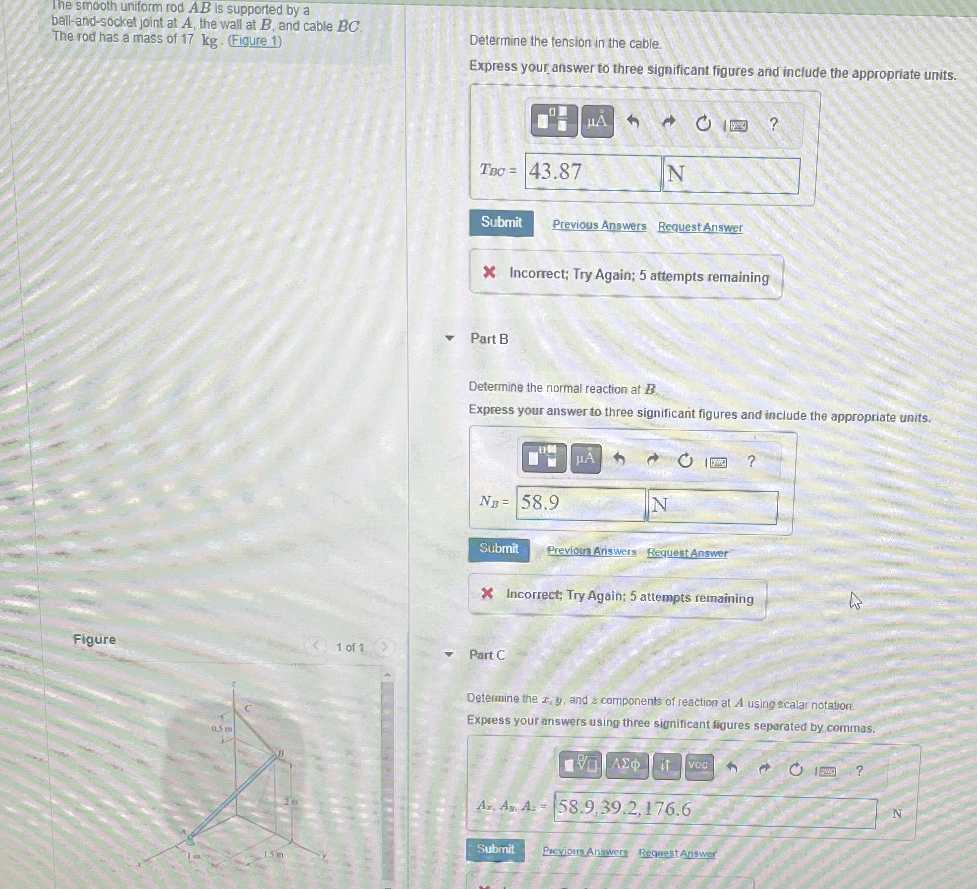 The smooth uniform rod A B is supported by a ball