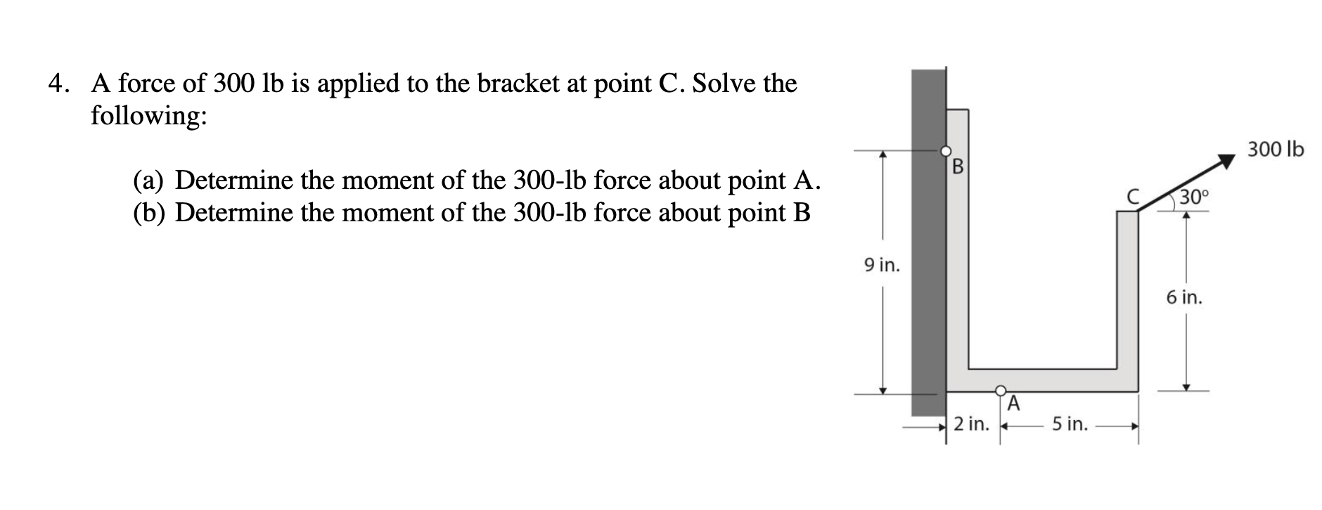 4 . A force of 3 0 0 lb is applied to the bracket