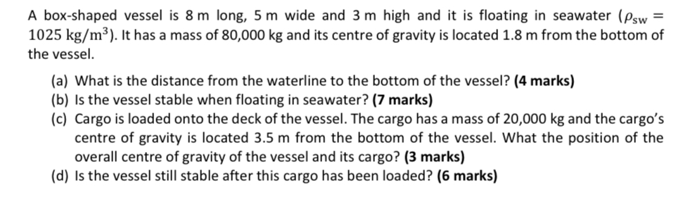 A box - shaped vessel is 8 m long, 5 m wide and 3