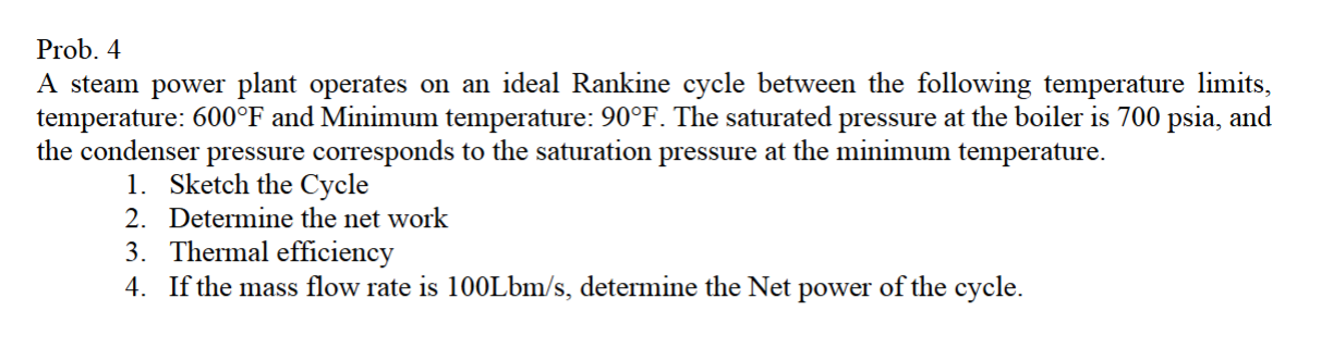 Prob. 4 A steam power plant operates on an ideal