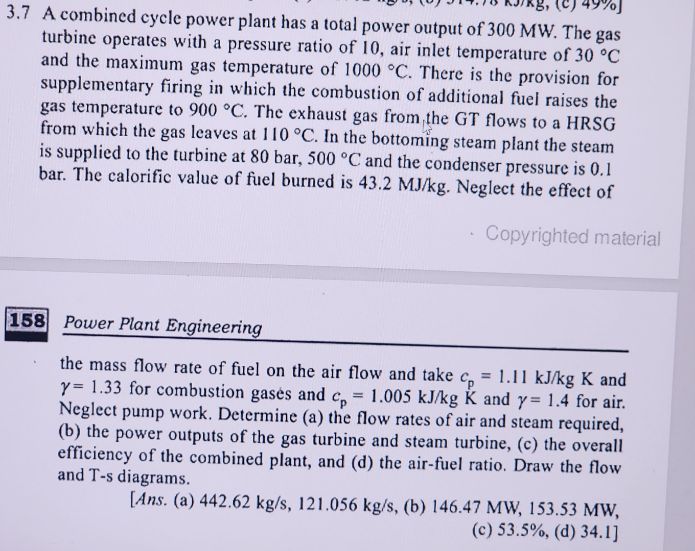 3 . 7 A combined cycle power plant has a total