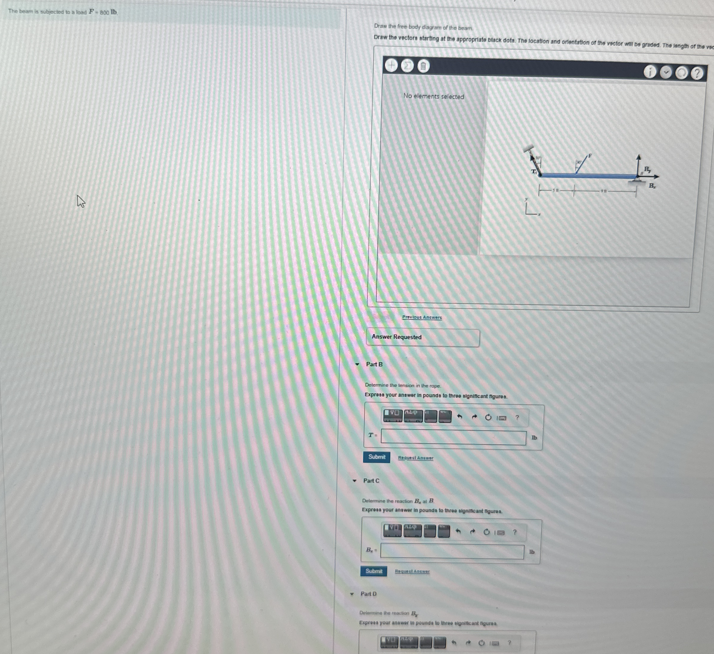 The beam is subjecled to a load F = 8 0 0 I b