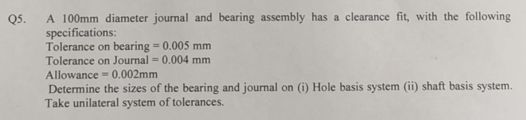 Q 5 . A 1 0 0 mm diameter journal and bearing
