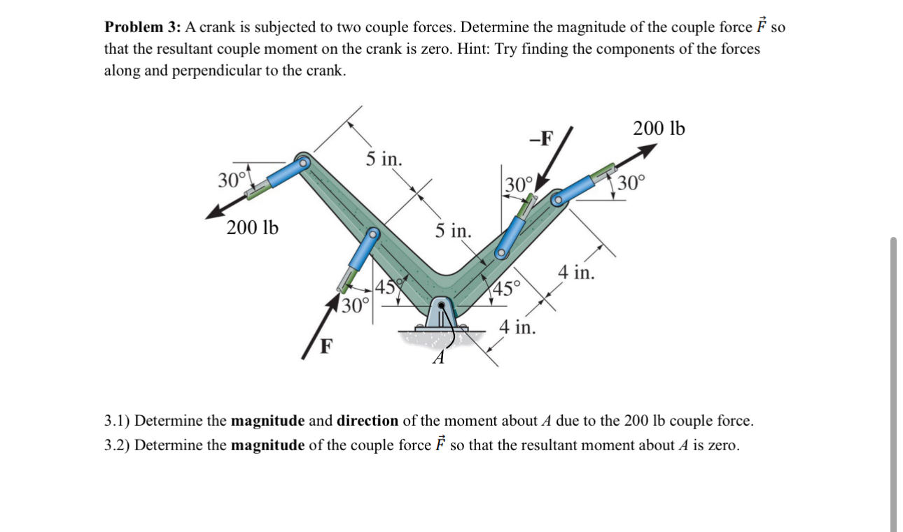 Problem 3 : A crank is subjected to two couple