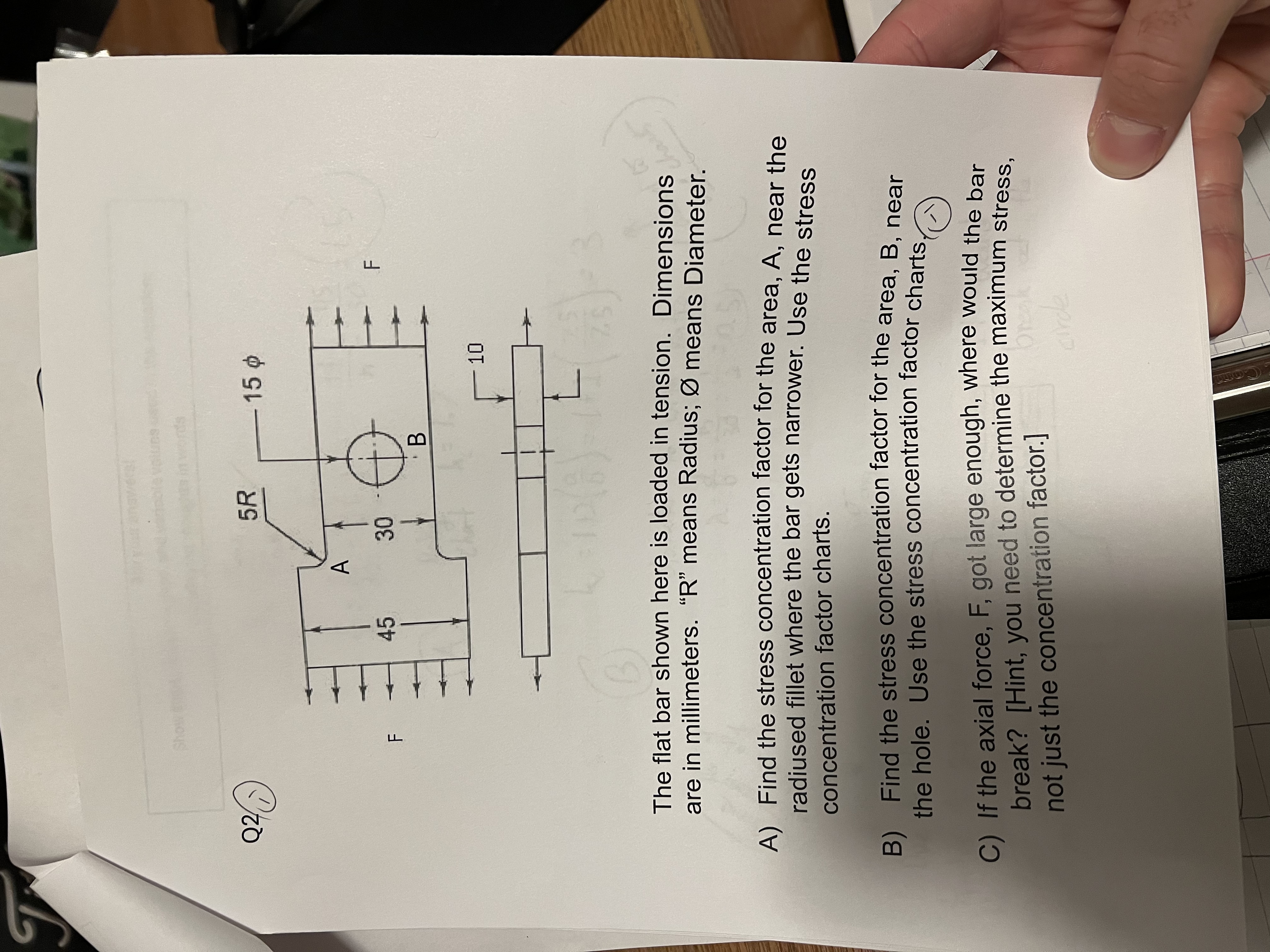 Q 2 The flat bar shown here is loaded in tension.