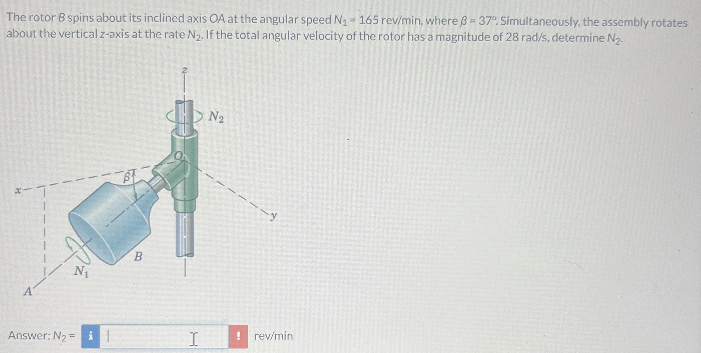 The rotor B spins about its inclined axis O A at