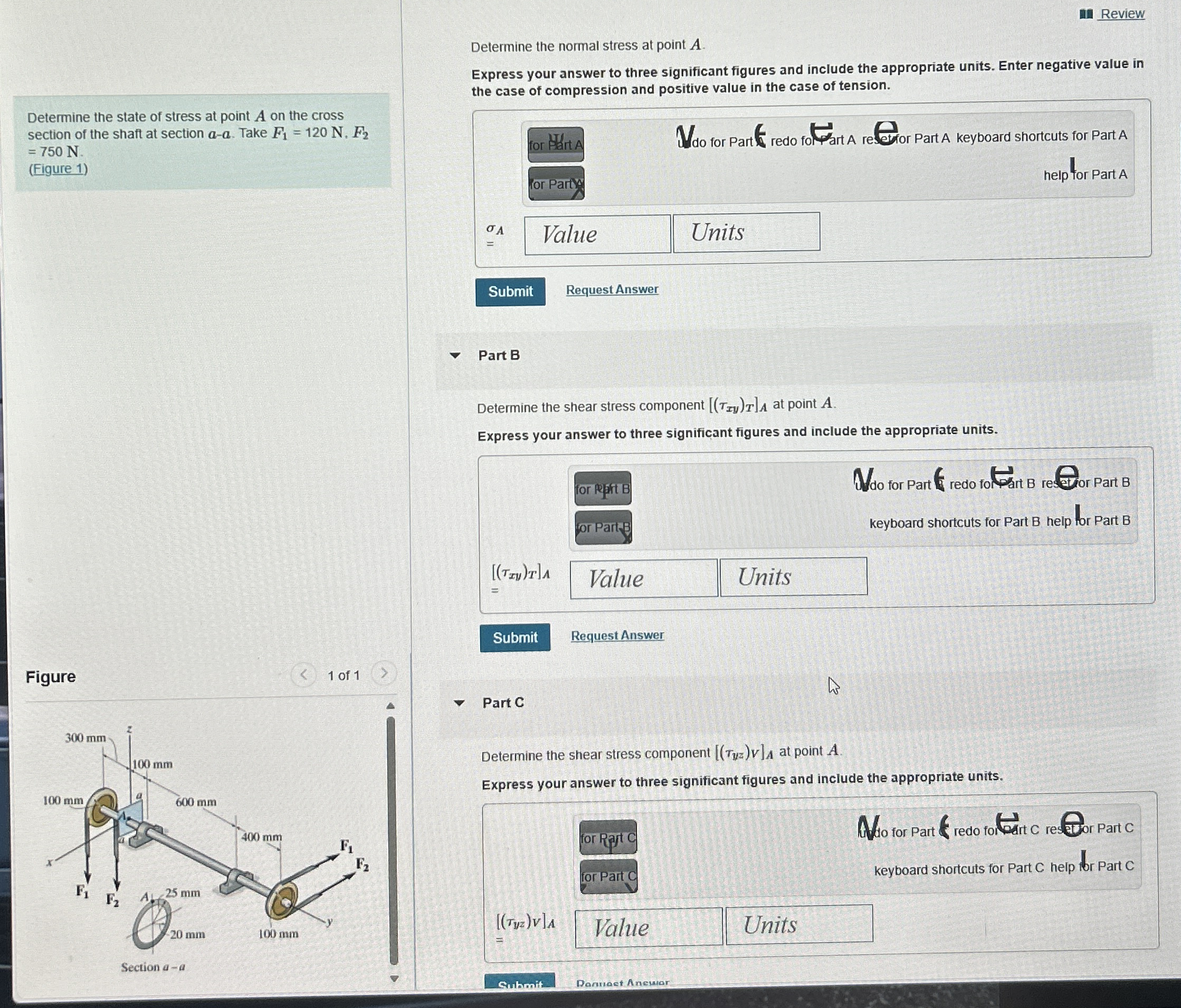 Review Determine the state of stress at point A