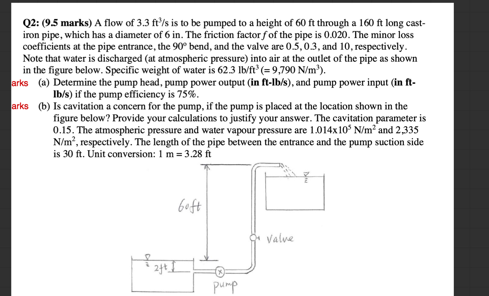 Q 2 : ( 9 . 5 marks ) A flow of 3 . 3 f t 3 s is