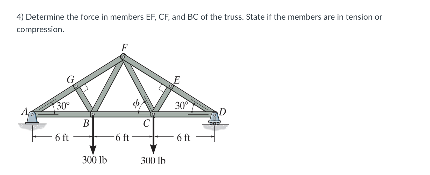 4 ) Determine the force in members EF , CF , and