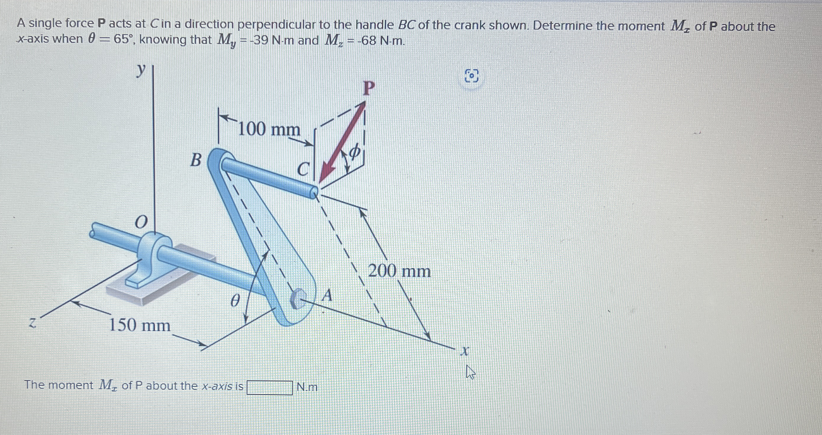 A single force P acts at C in a direction