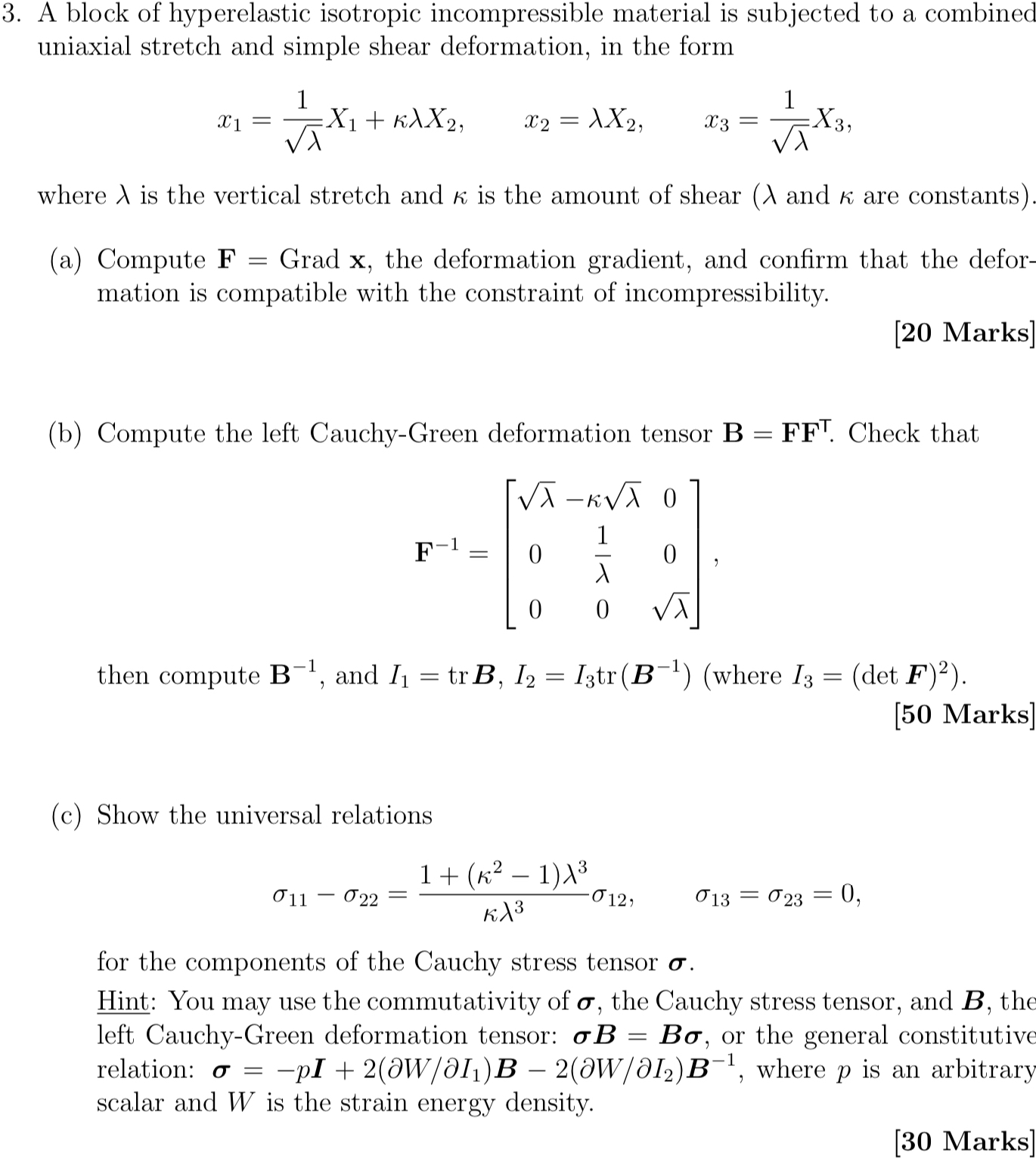 A block of hyperelastic isotropic incompressible