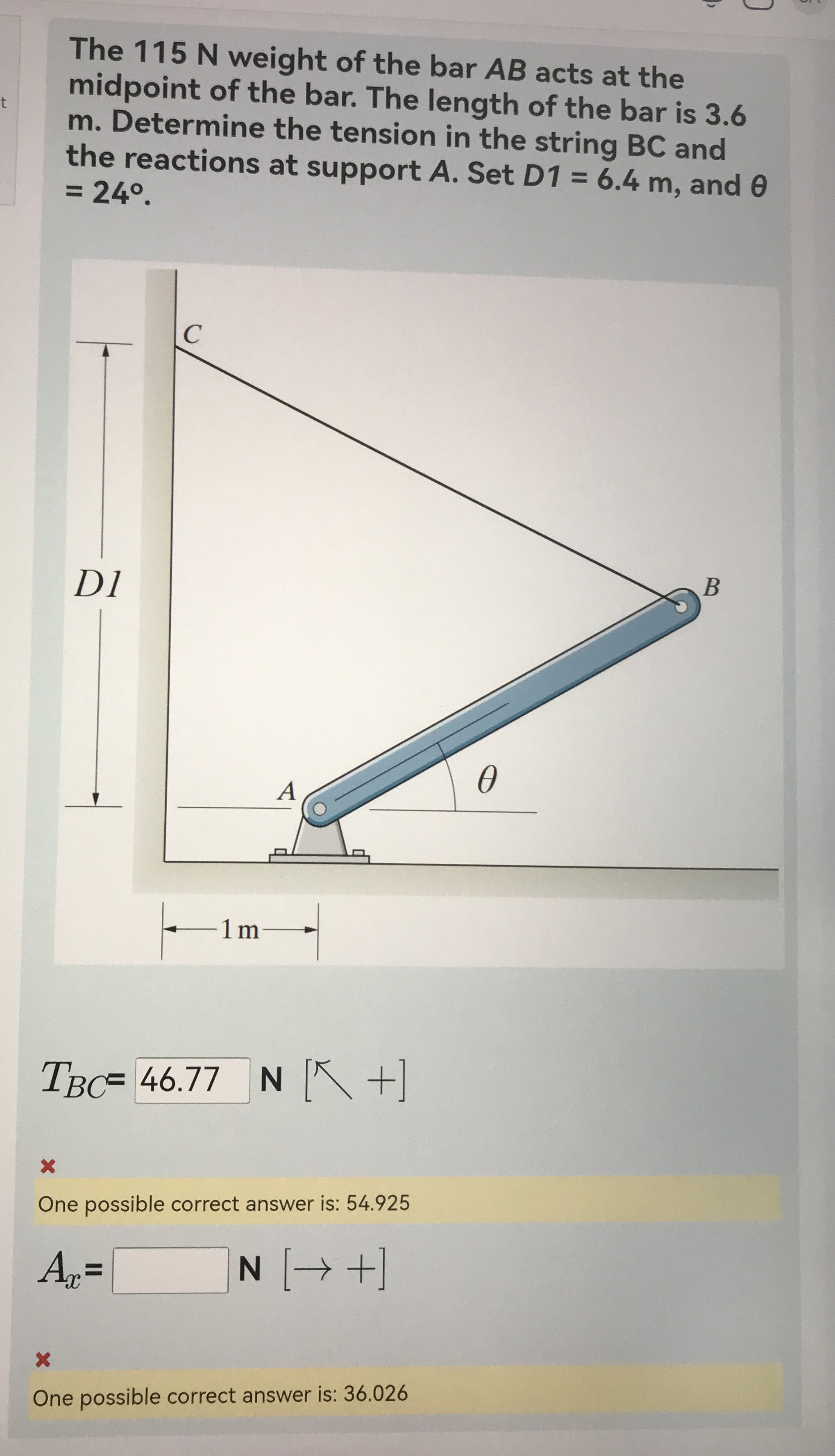 The 1 1 5 N weight of the bar A B acts at the