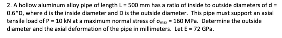 A hollow aluminum alloy pipe of length L = 5 0 0