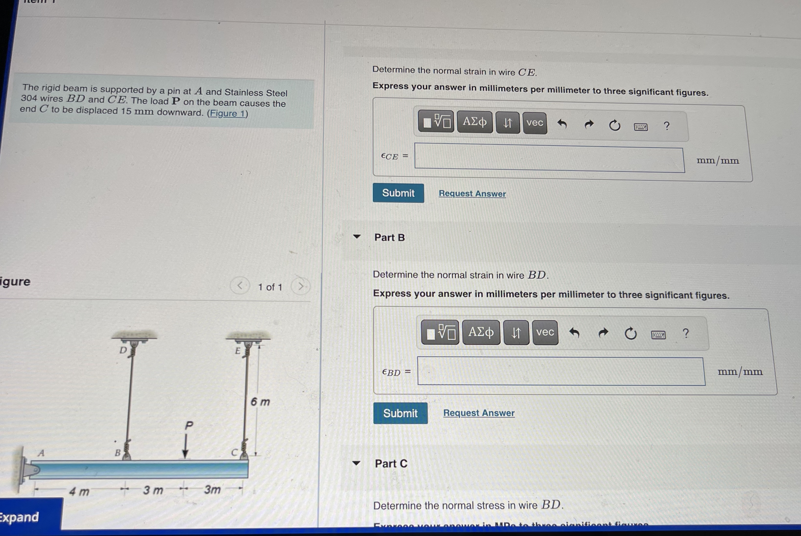 The rigid beam is supported by a pin at A and