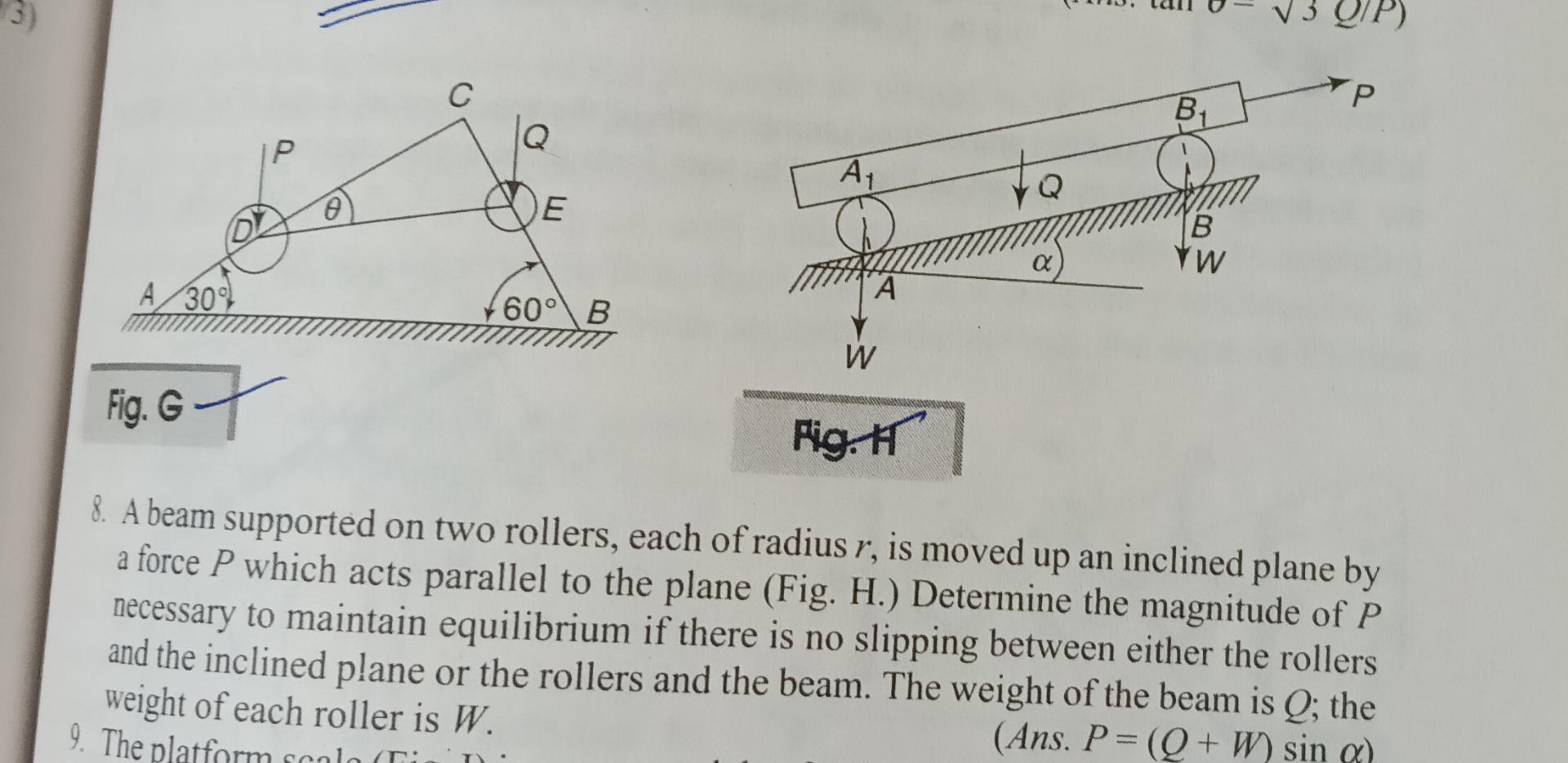 A beam supported on two rollers, each of radius r