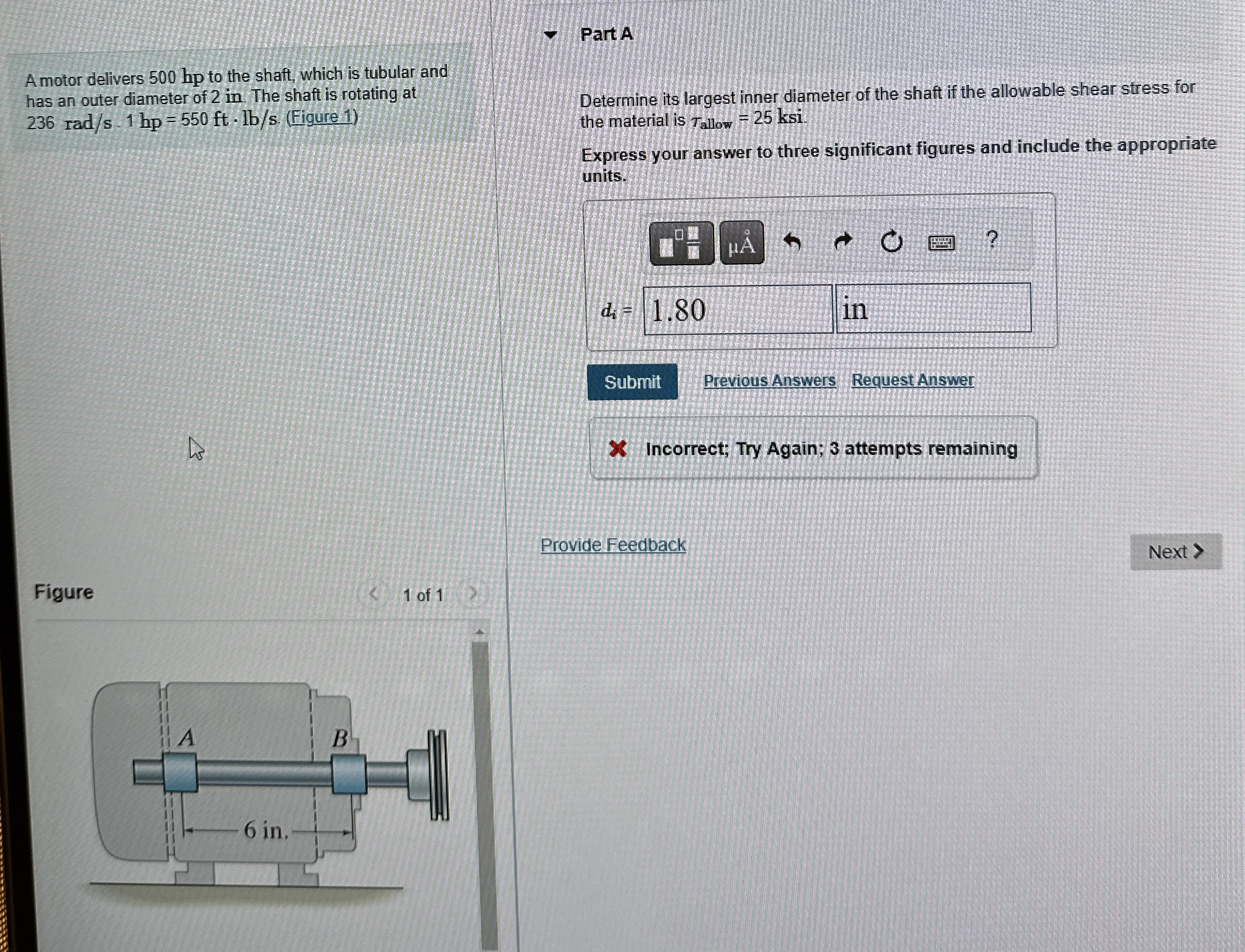 Part A A motor delivers 5 0 0 hp to the shaft,