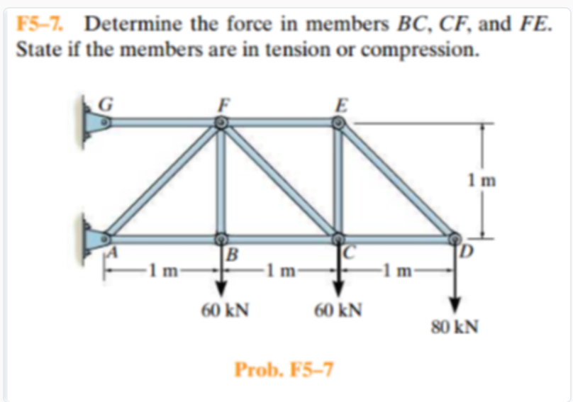 F 5 - 7 . Determine the force in members B C , C