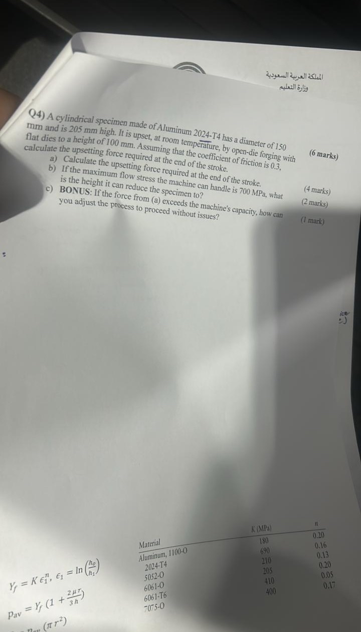 Q 4 ) A cylindrical specimen made of Aluminum 2 0