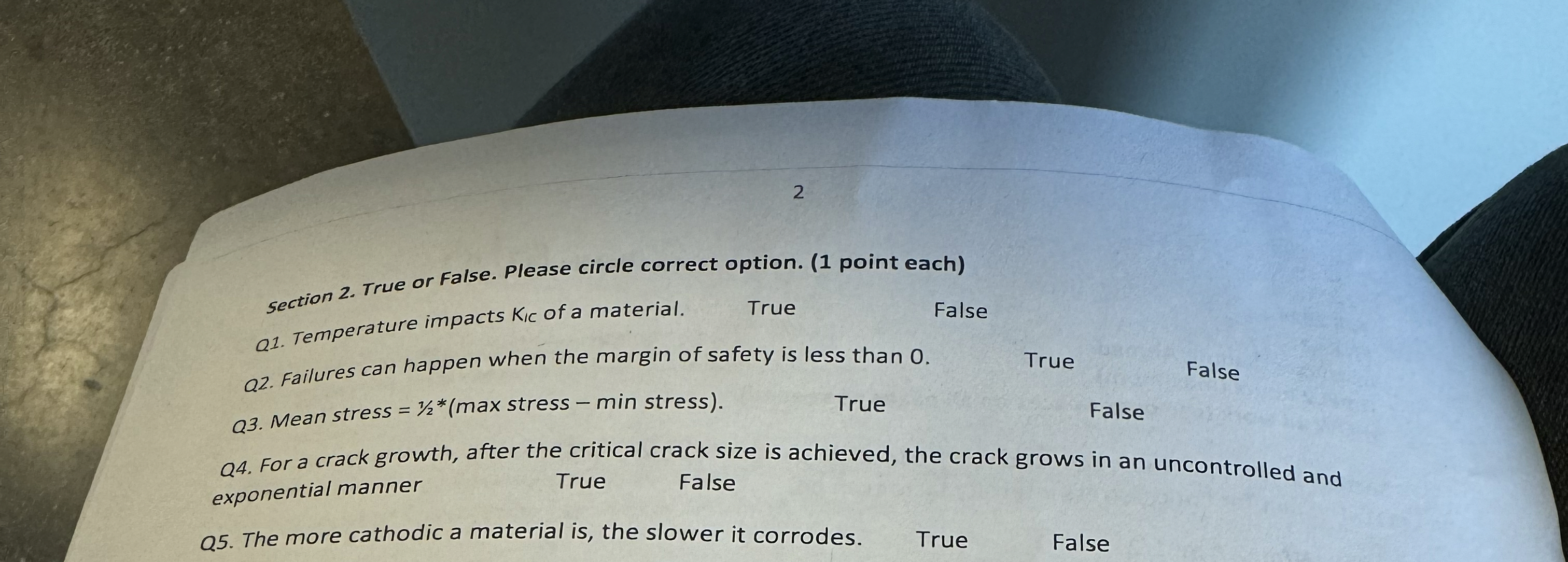 section 2 . True or False. Please circle correct