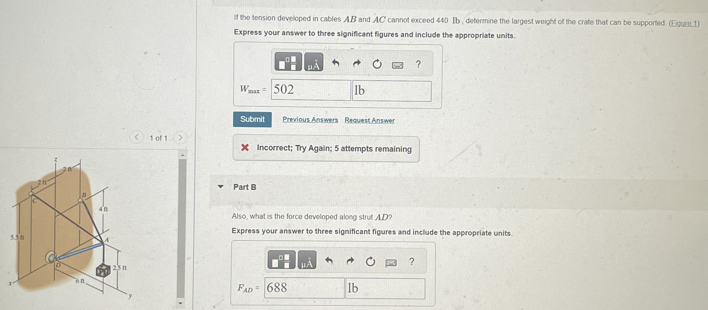 If the tension developed in cables A B and A C