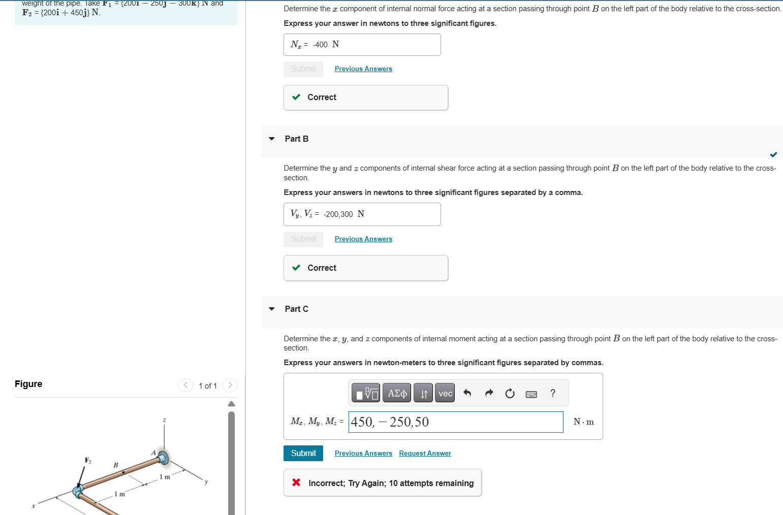 weight of the pipe. ake \ ( \ mathbf { F } _ { 1