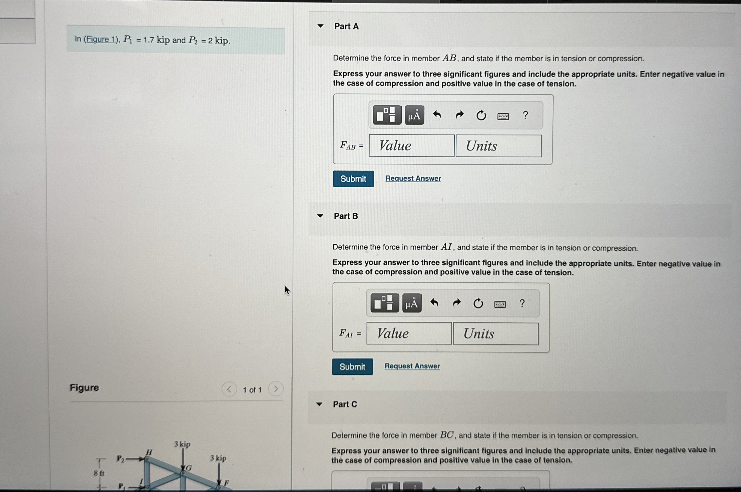 l n ( Figure 1 ) , P 1 = 1 . 7 kip and P 2 = 2