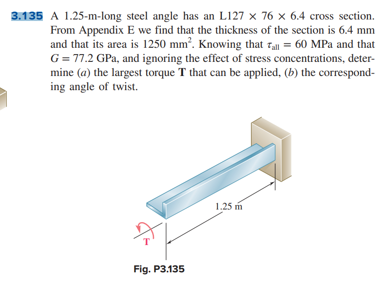 3 . 1 3 5 A 1 . 2 5 - m - long steel angle has an