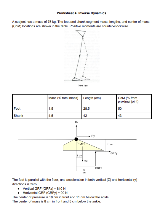 Worksheet 4 : Inverse Dynamics A subject has a