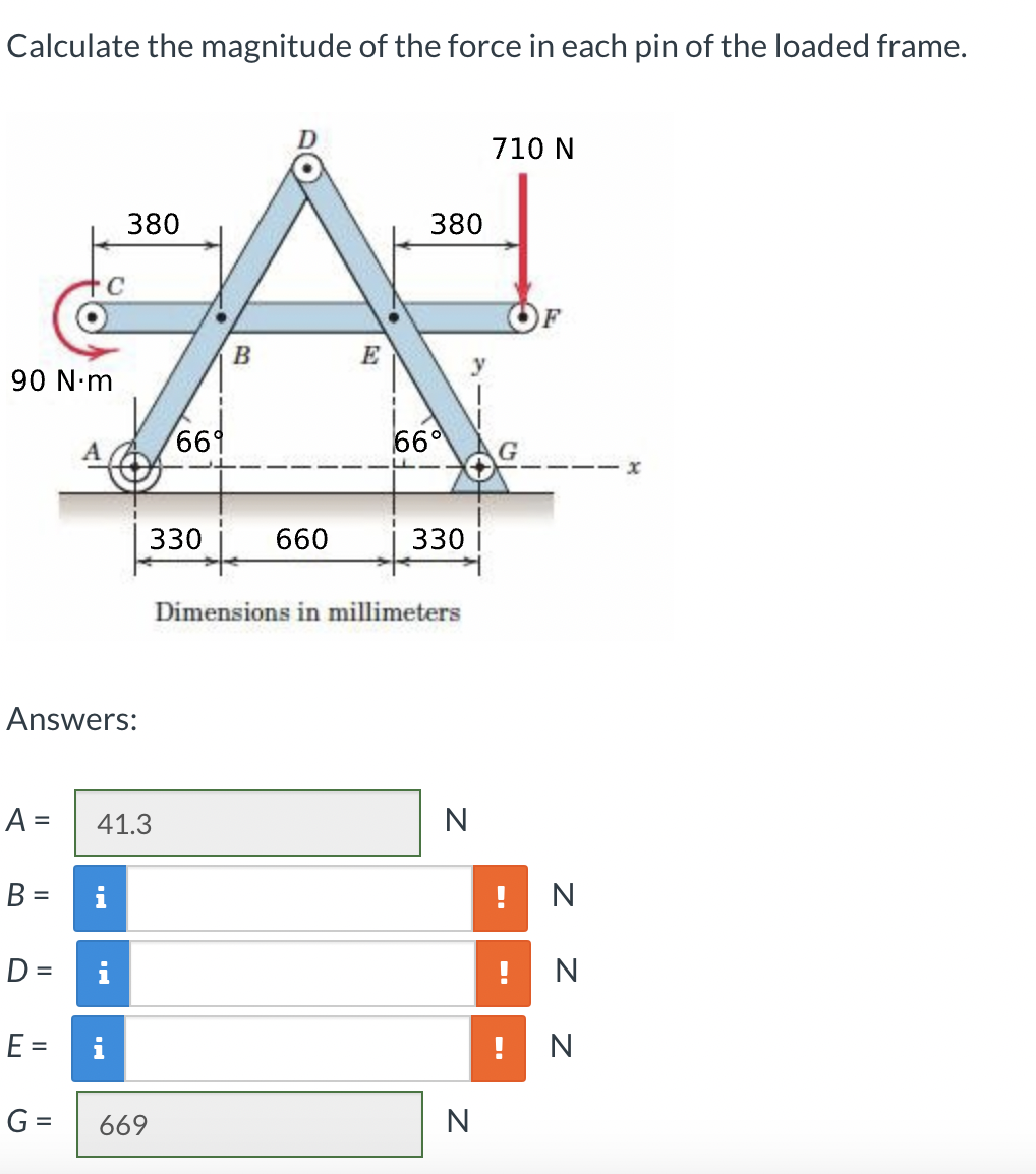 Solve fully for forces B , D , and E . Calculate