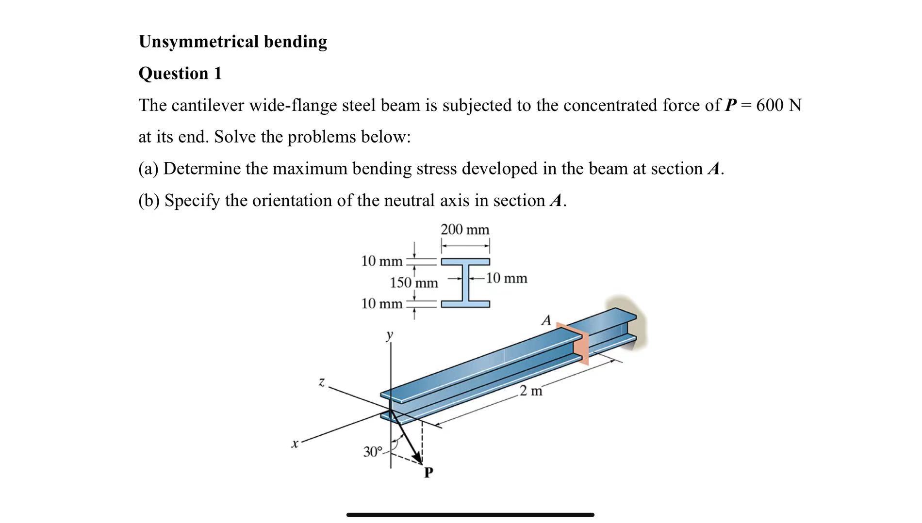 Unsymmetrical bending Question 1 The cantilever