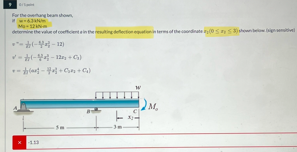 9 0 / 1 point For the overhang beam shown, if , w