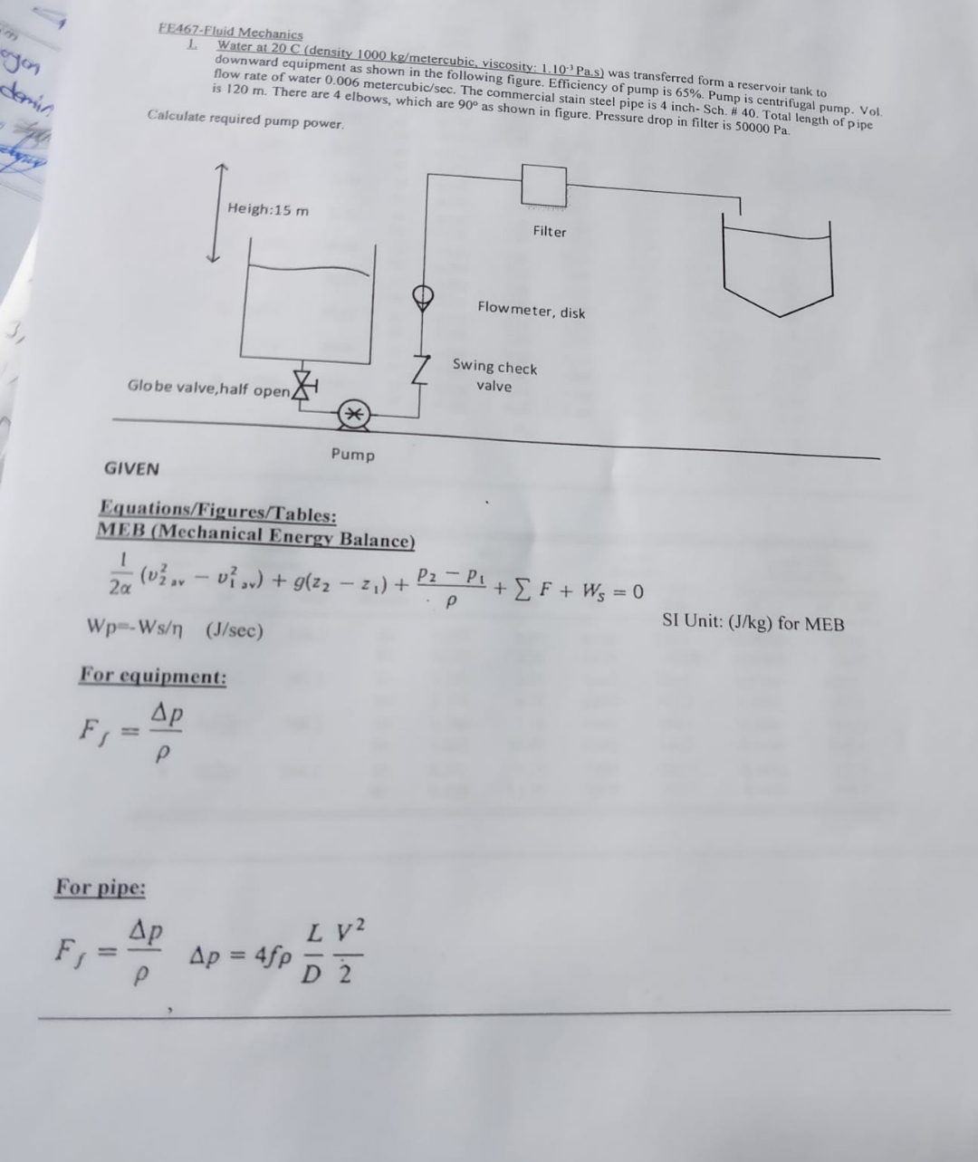 EE 4 6 7 - Fluid Mechanics L . Water at 2 0 C (