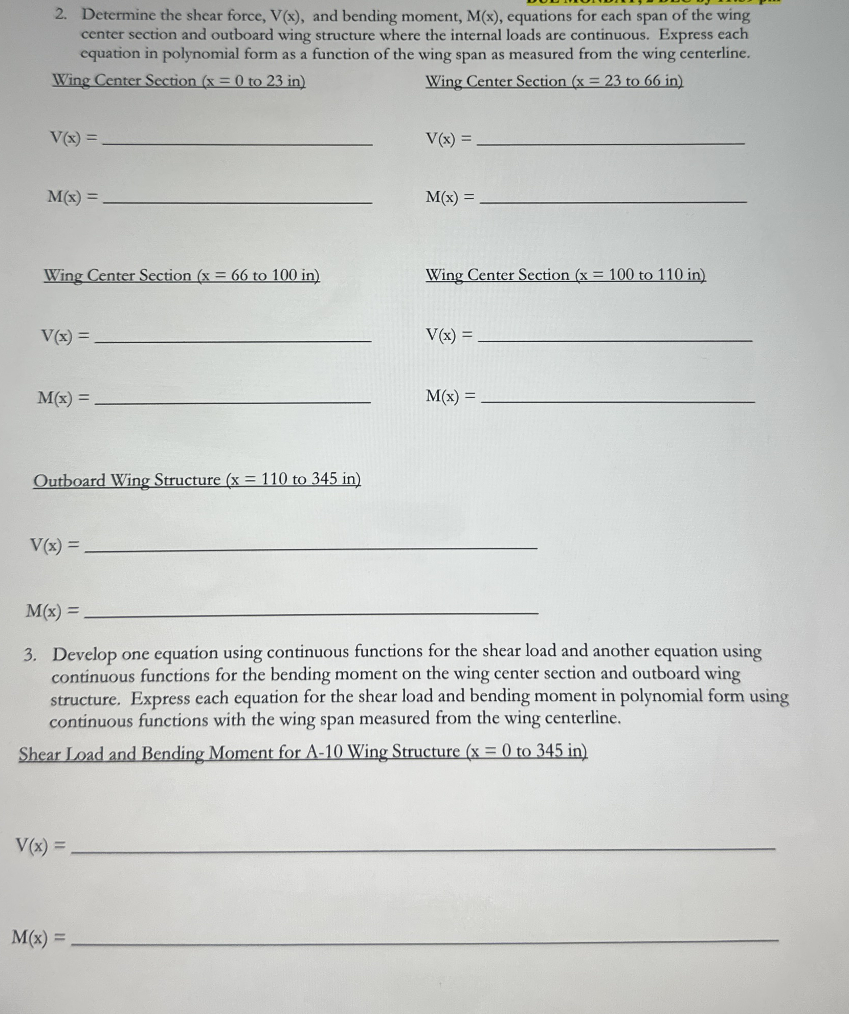 Task 2 , Internal Loads for Wing Center Section