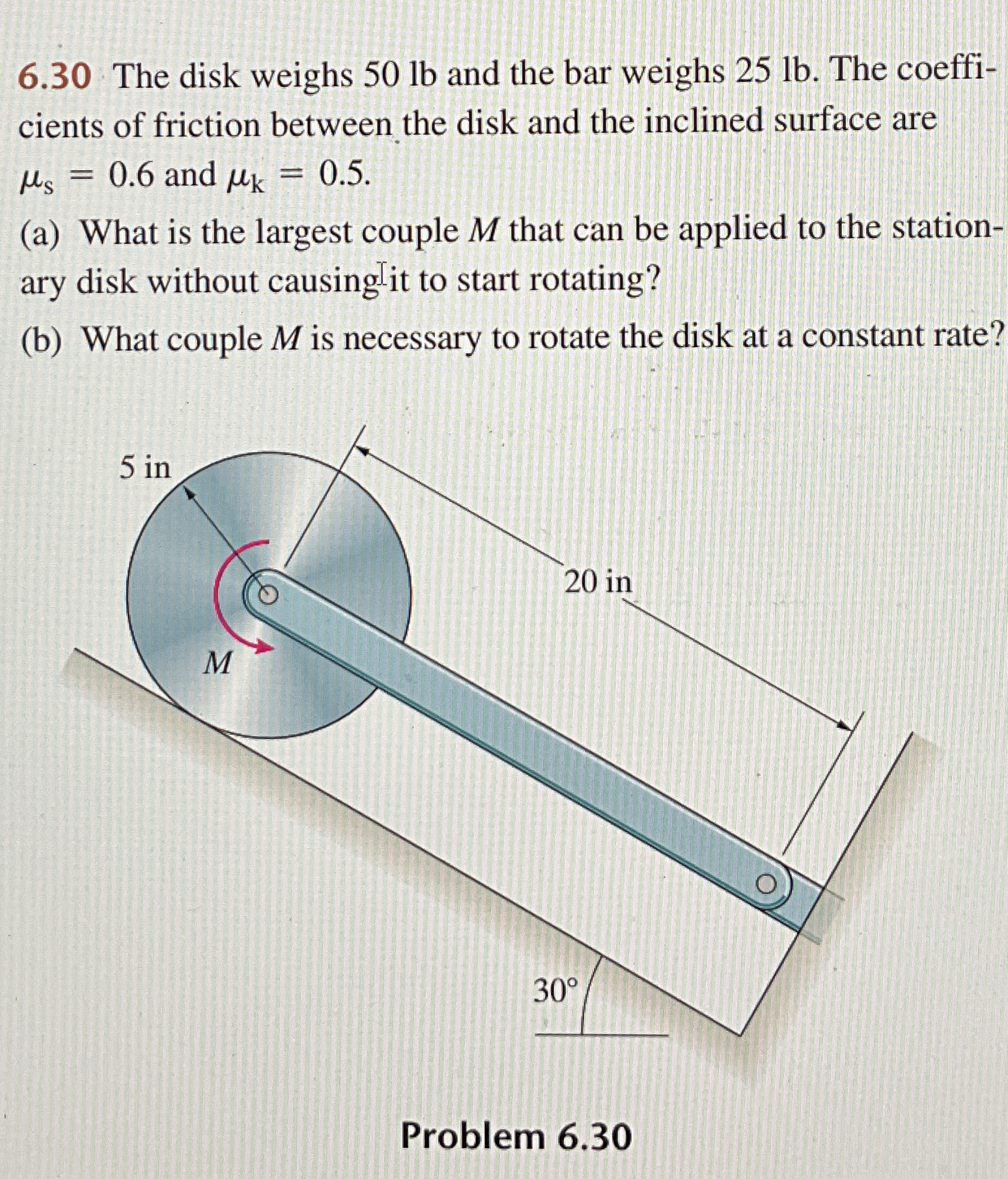 6 . 3 0 The disk weighs 5 0 lb and the bar weighs
