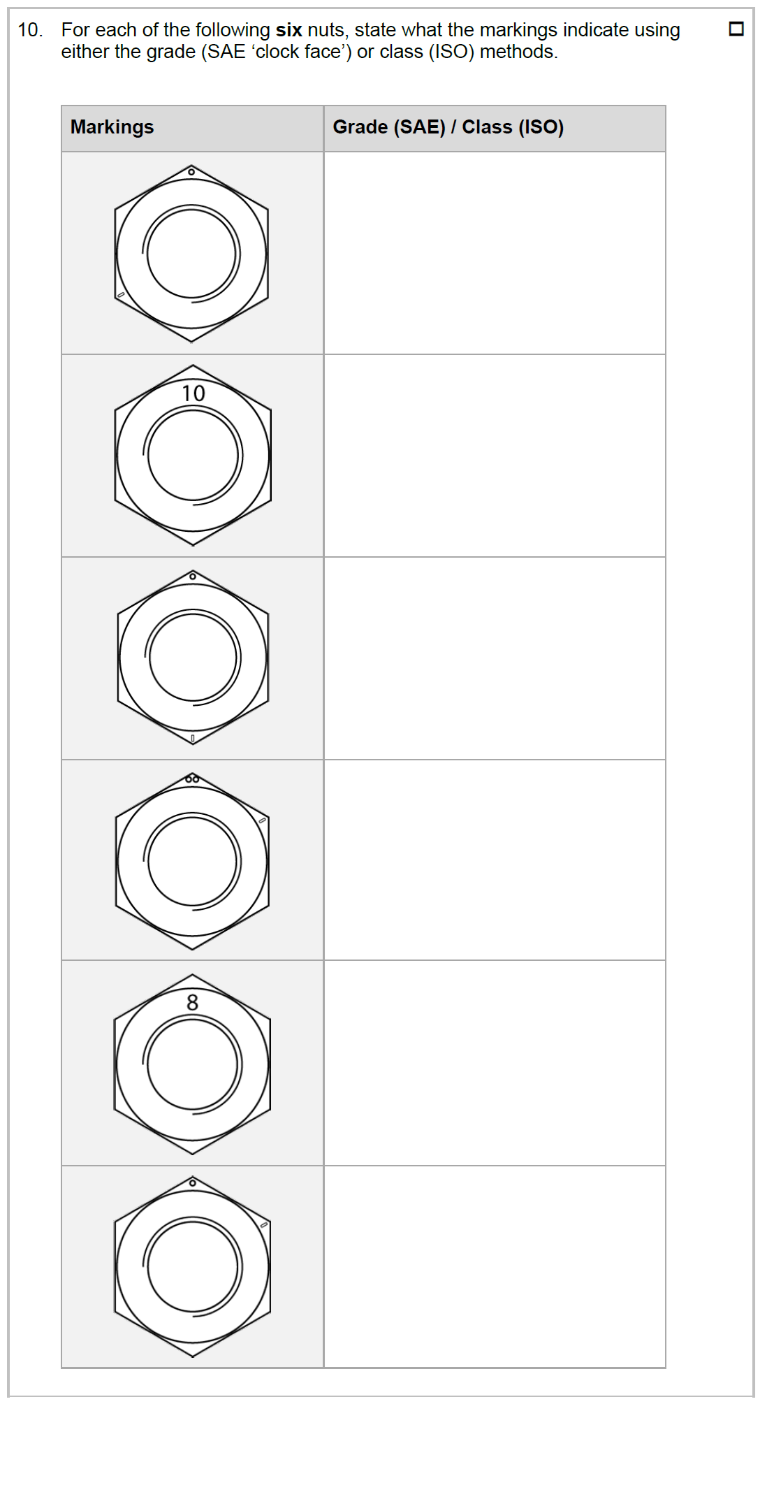 1 0 . For each of the following six nuts, state
