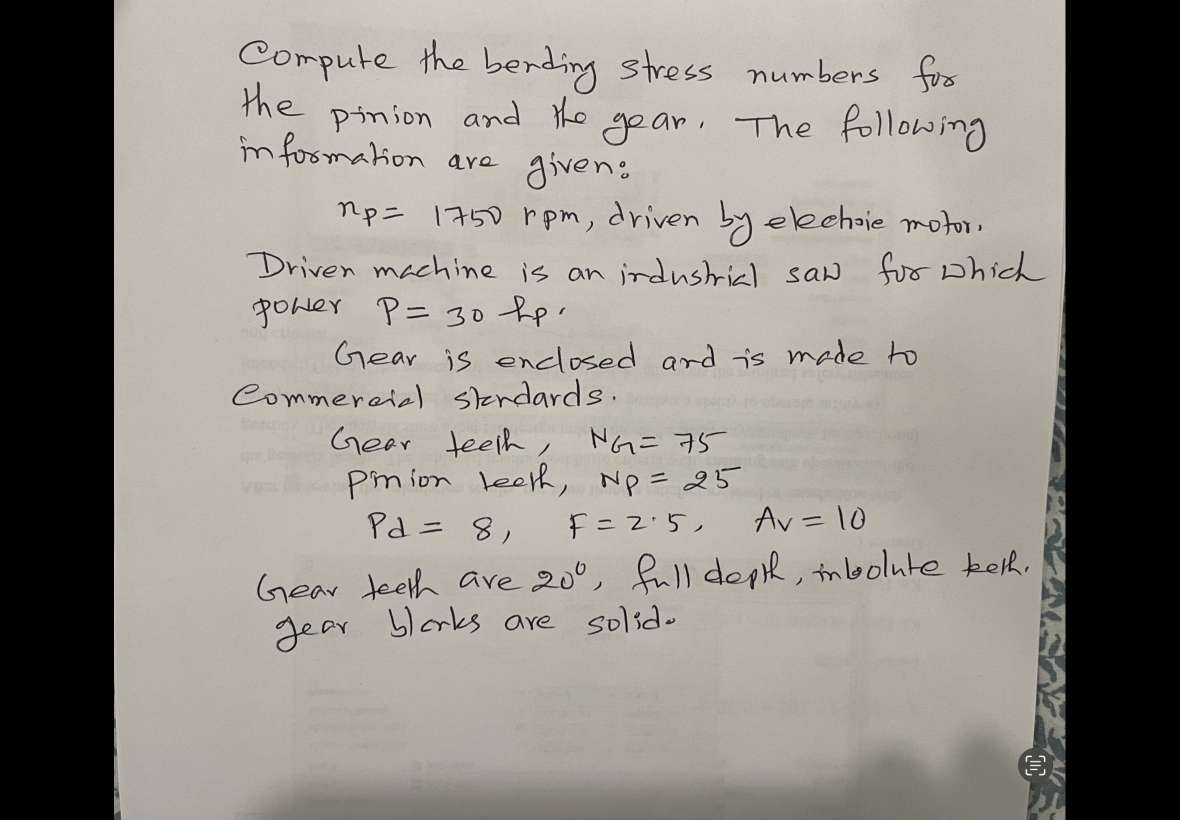 Compute the bending stress numbers for the pirion