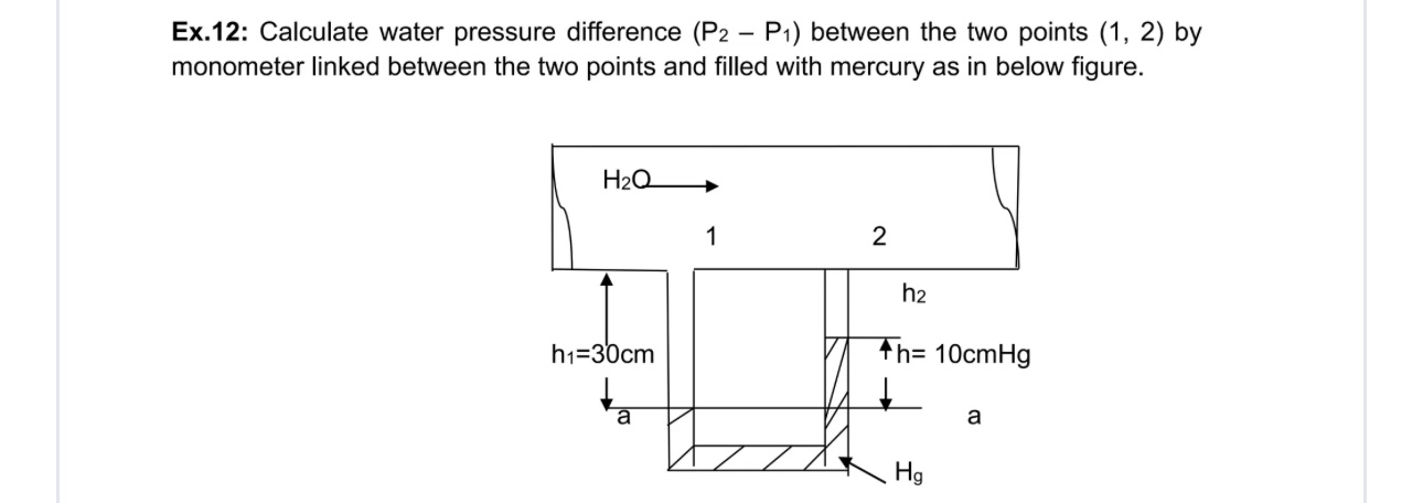 Ex . 1 2 : Calculate water pressure difference (
