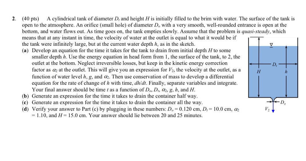 ( 4 0 p t s ) A cylindrical tank of diameter D t