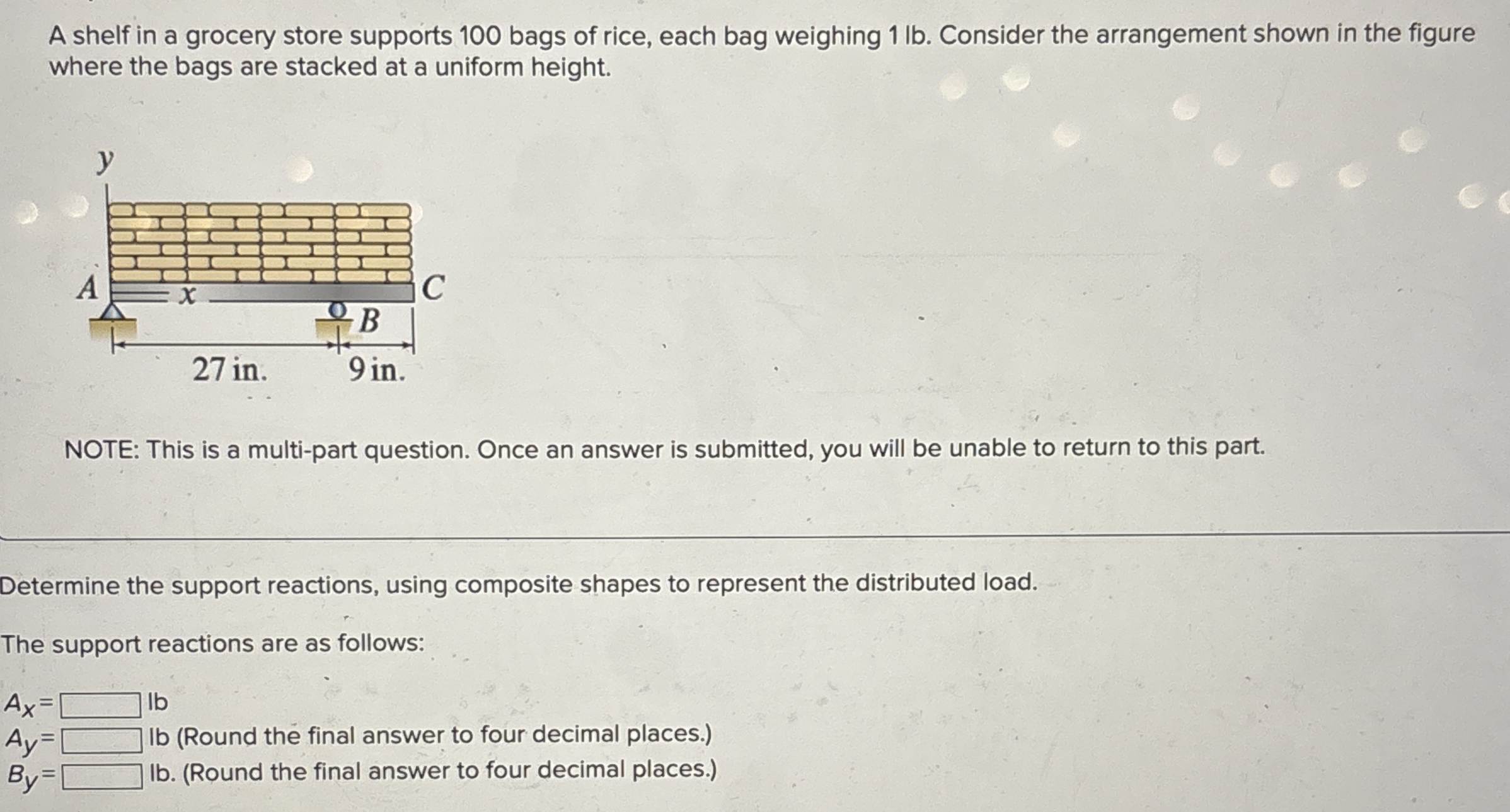 A shelf in a grocery store supports 1 0 0 bags of