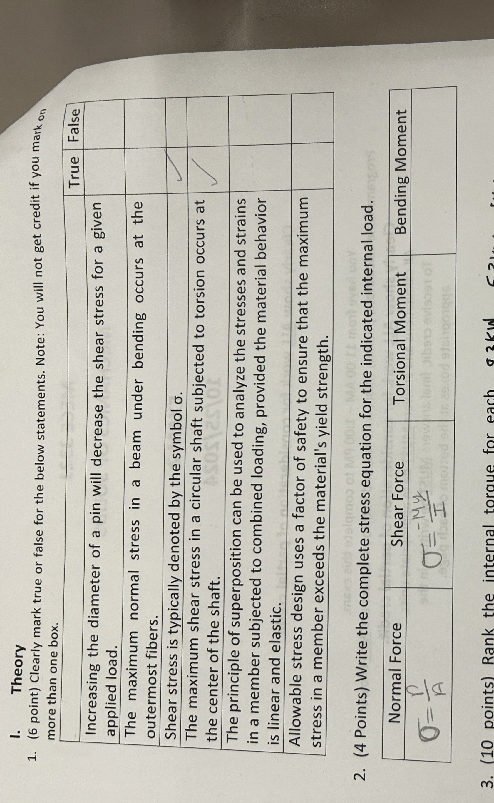 I. Theory ( 6 point ) Clearly mark true or false