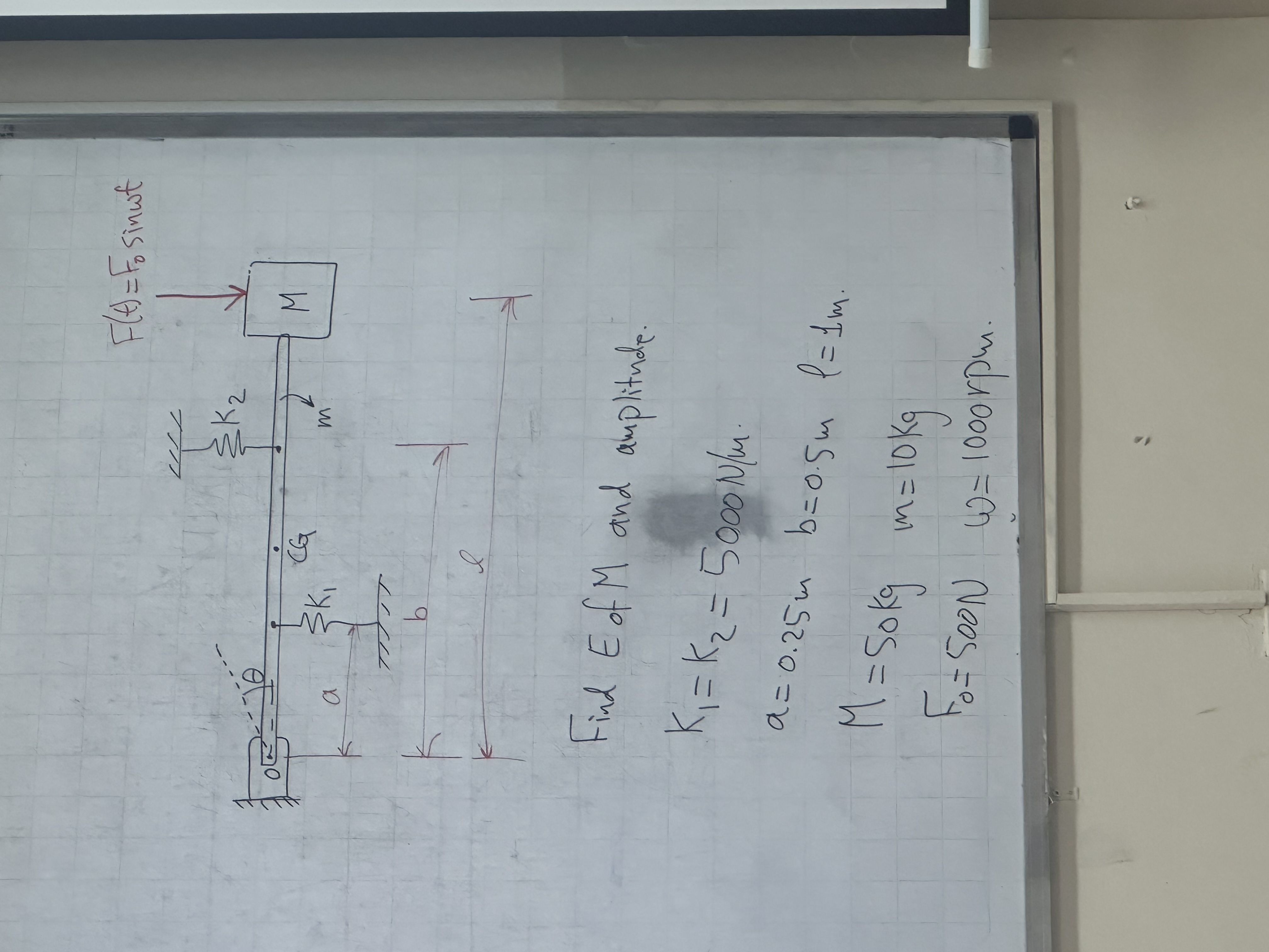 Find Eof M and amplitude. k 1 = k 2 = 5 0 0 0 N m