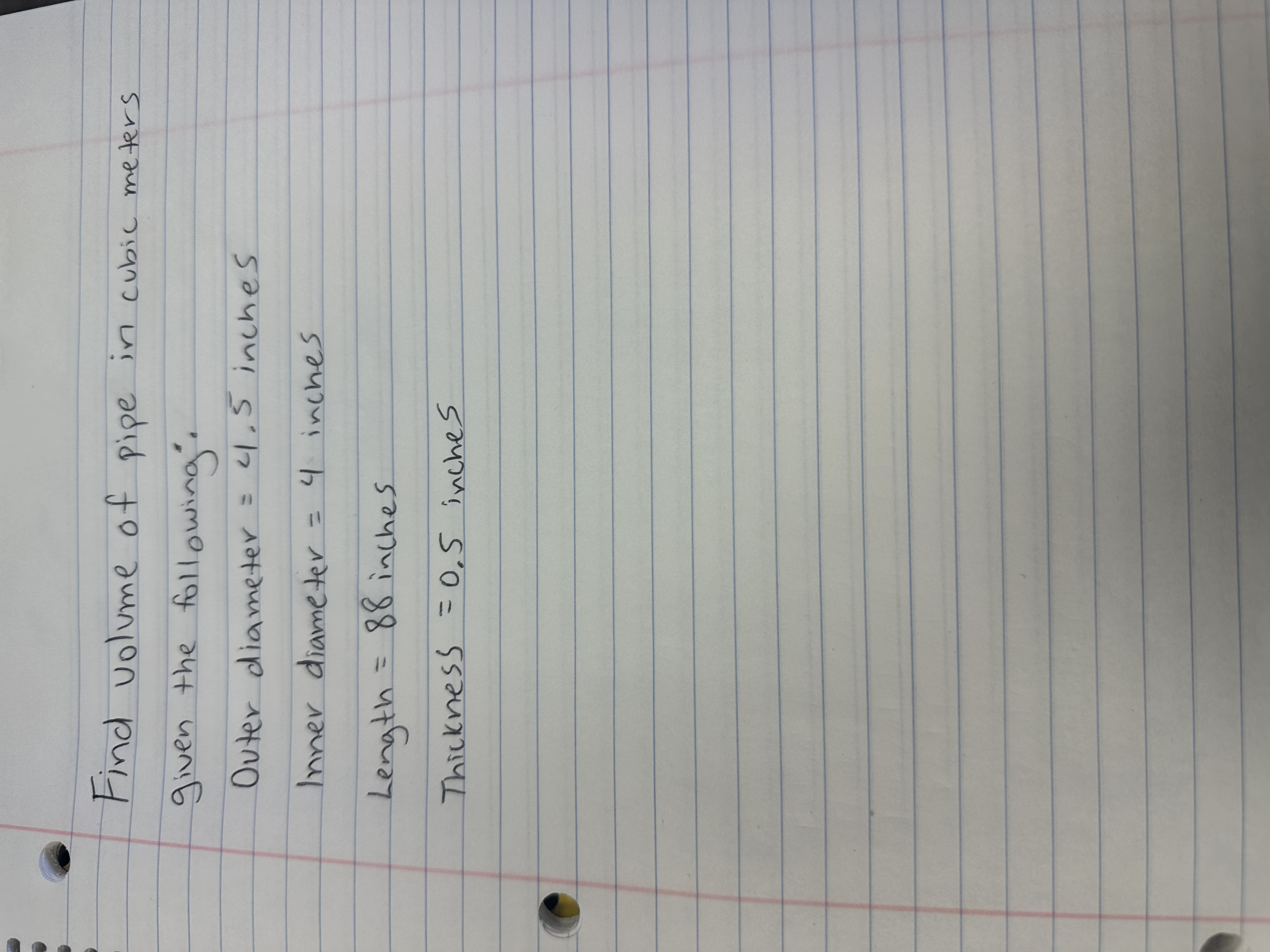 Find volume of pipe in cubic meters given the