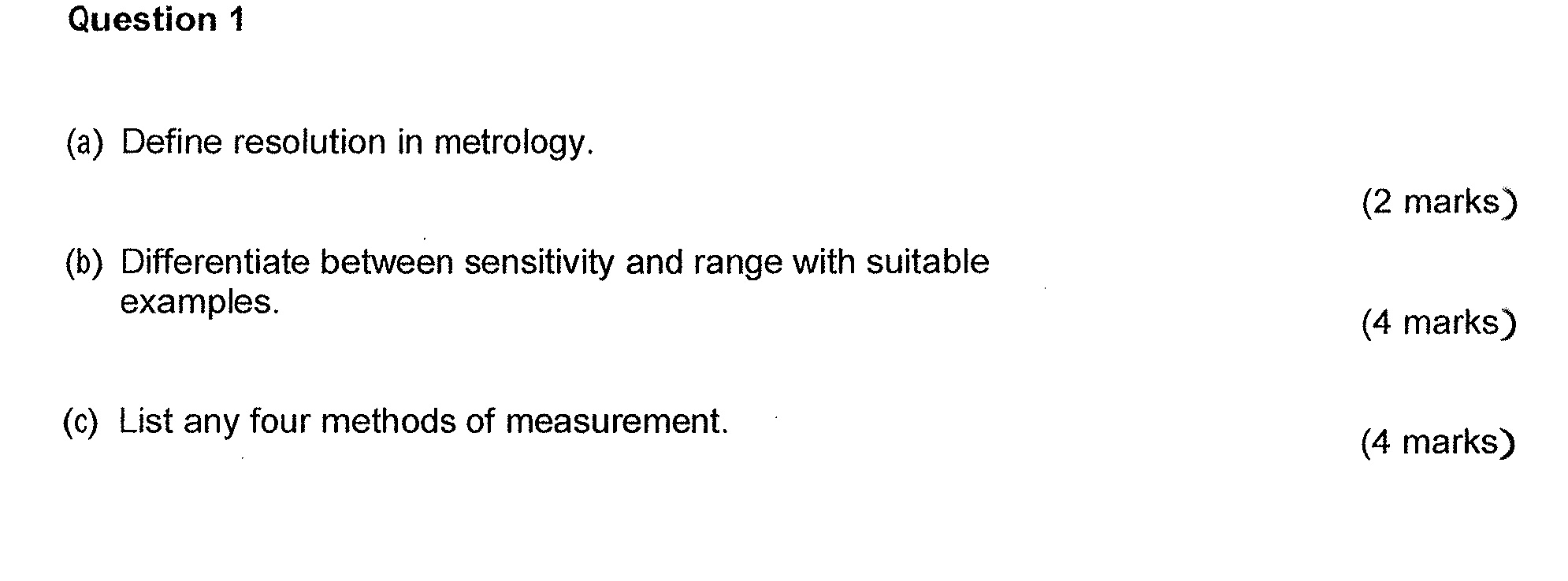 Inspection And Measurement Technology Question 1