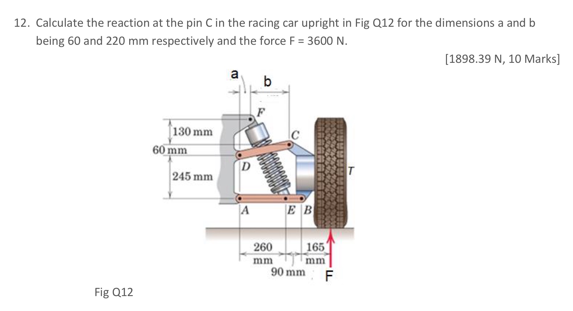 Calculate the reaction at the pin C in the racing