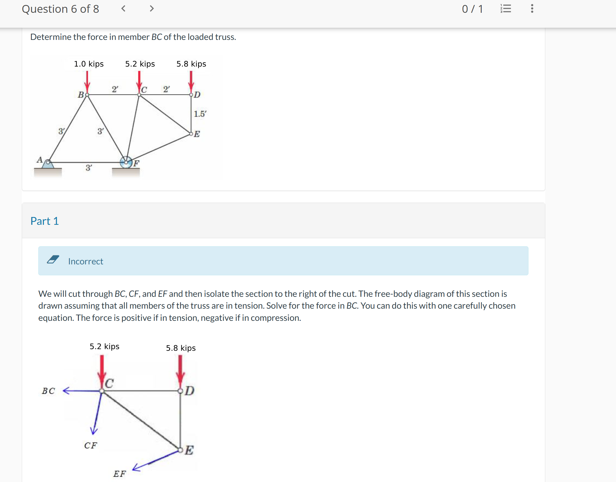 Determine the force in member \ ( B C \ ) of the