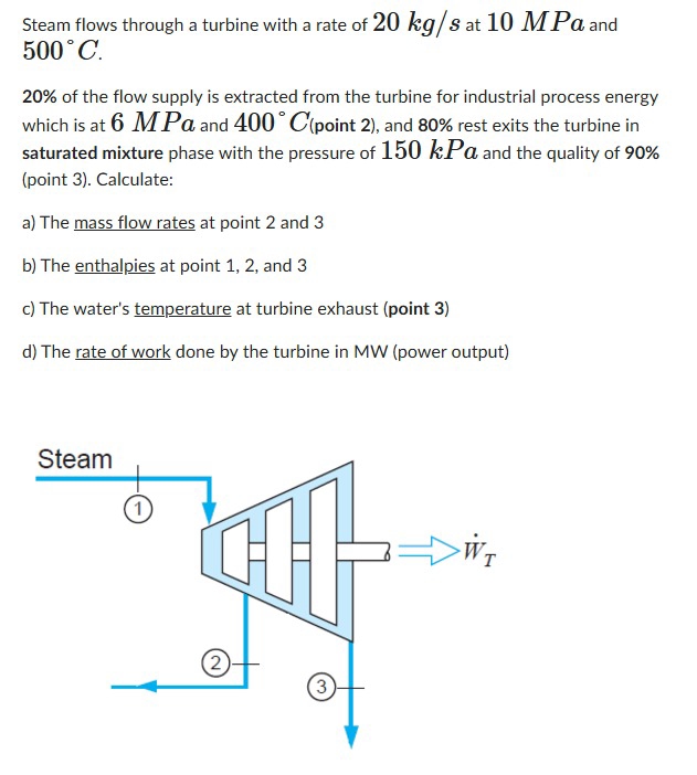 Steam flows through a turbine with a rate of 2 0