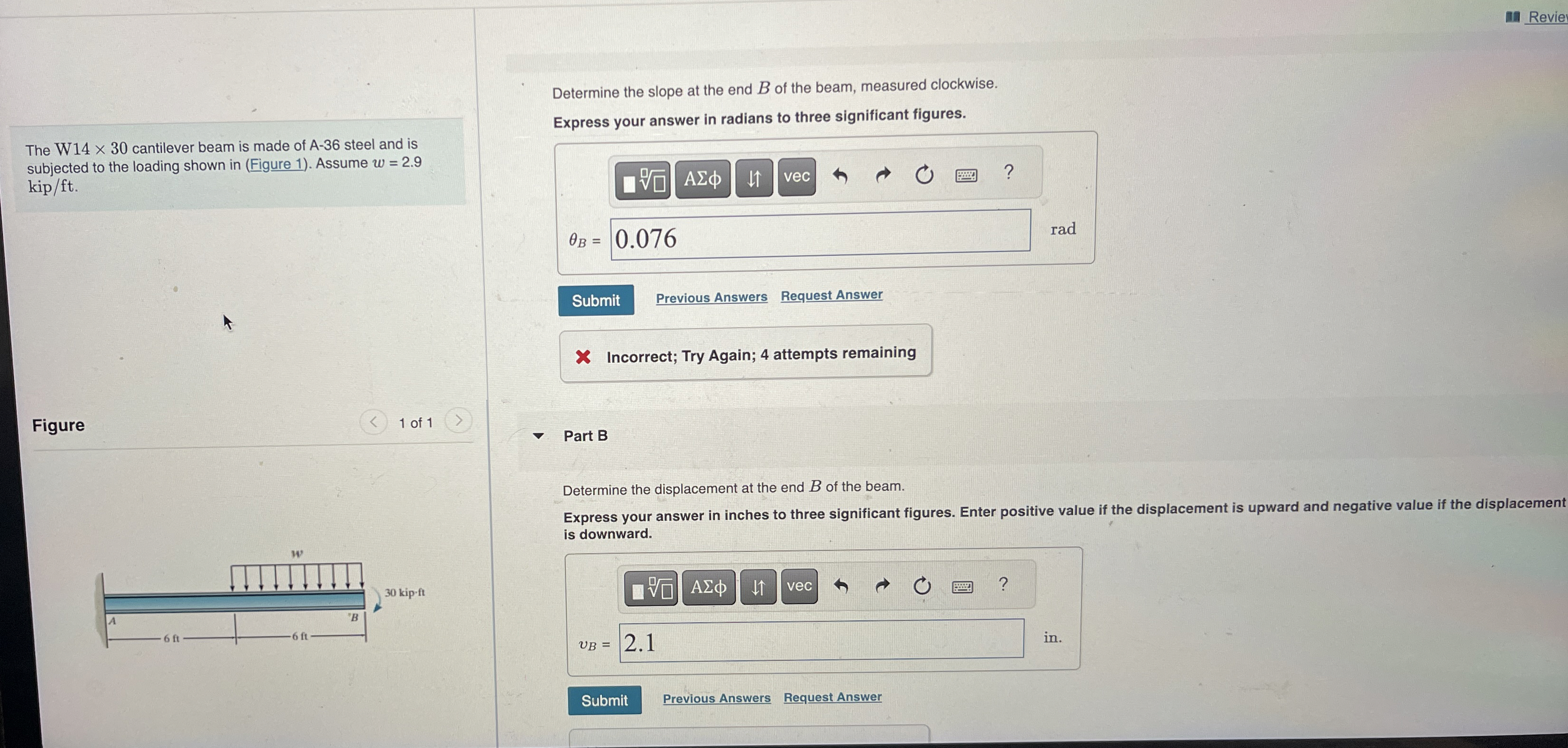 The W 1 4 3 0 cantilever beam is made of A - 3 6
