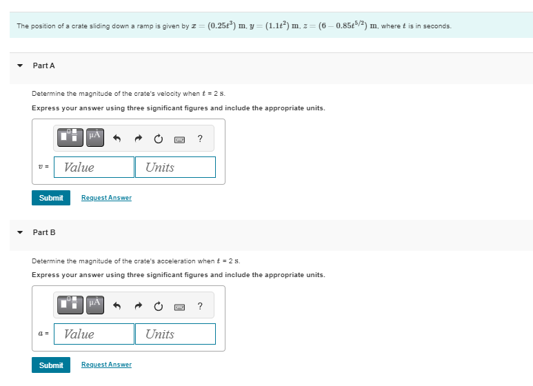 The position of a crate sliding down a ramp is